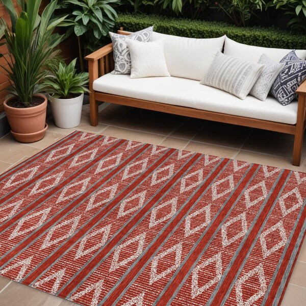 Homeroots 8' X 10' Red Ivory And Gray Geometric Washable Indoor Outdoor Area Rug 599667 - main