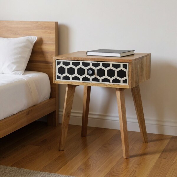 Homeroots 22" Black White And Brown Solid Wood Geometric Bone Inlay One Drawer Nightstand 651519 - main