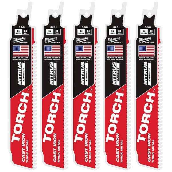 Milwaukee Tool 6 in. 8 TPI SAWZALL THE TORCH w/ NITRUS CARBIDE Reciprocating Saw Blade, Cast Iron & Metal, 5 PK 48-00-5561 - main