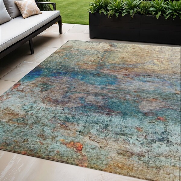 Homeroots 5' X 8' Teal Blue Orange And Beige Abstract Washable Indoor Outdoor Area Rug 631456 - main