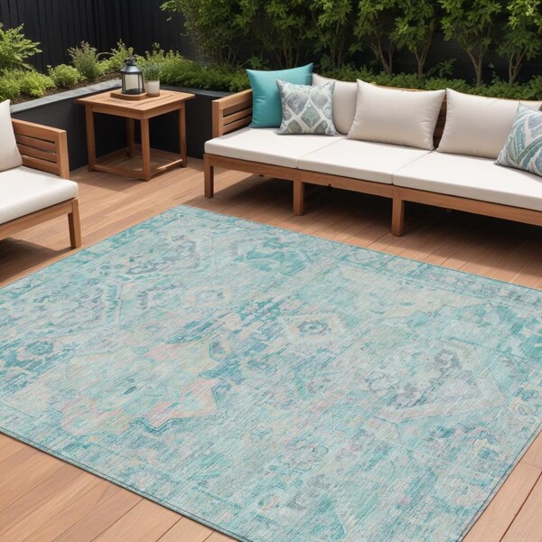 Homeroots 10' X 14' Teal Blue And Pink Floral Medallion Washable Indoor Outdoor Area Rug 616639 - main