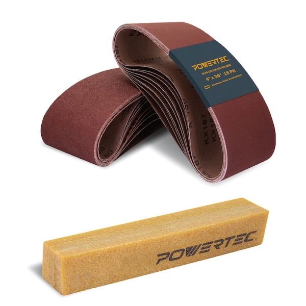 Powertec Sanding Belt Assortment, 4in W, 36in L, Aluminum Oxide, 18PK & Abrasive Cleaning Stick 110119N - main