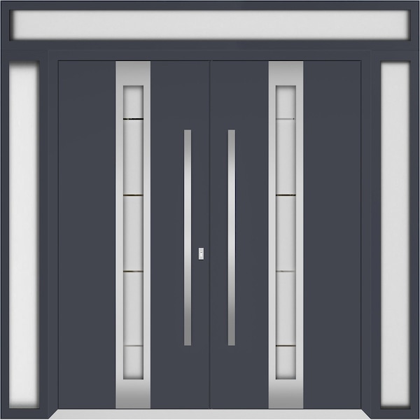 Vdomdoors Metal Double Doors Deux 1717 Gray Graphite Frosted Glass 2 Sidelights and Top Transom Entry Modern DEUX1717DEXD-GRE-W14+72+14xH96+16-LH-I - main