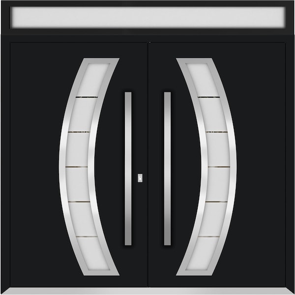 Vdomdoors Metal Double Doors Deux 6500 Black Enamel Frosted Glass Top Transom Entry Modern Painted (W72xH96+1 DEUX6500DEXD-BLK-W72xH96+16-RH-I - main