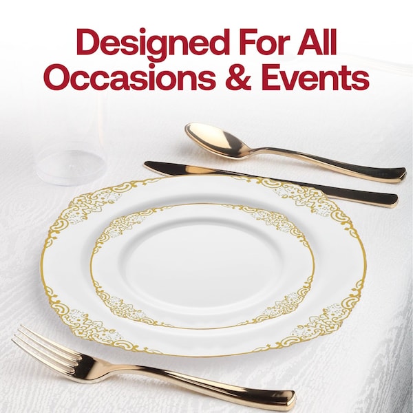 Smarty Had A Party 7.5" White with Gold Fancy Round Disposable Plastic Salad Plates, 120PK 8887-WHG-CASE - main