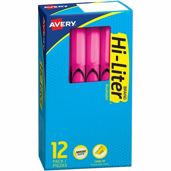 Avery Dennison PEN STYLE HIGHLIGHTER, CHISEL TIP, FLUORESCENT PINK INK, 12/PK 23592 - main