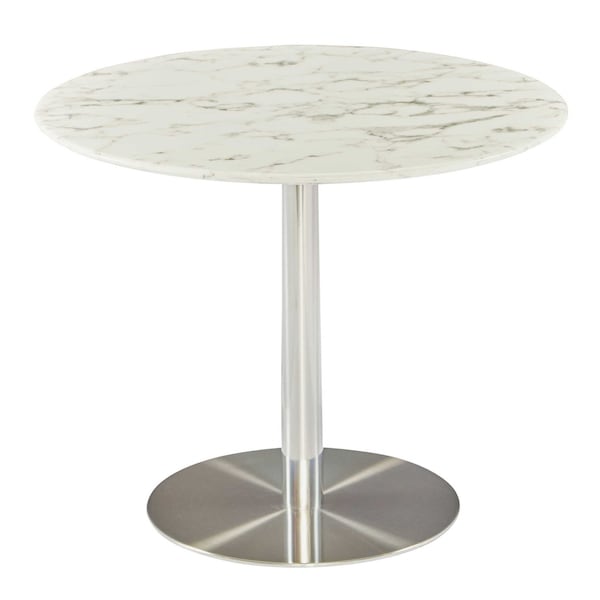 Homeroots White And Silver Marble And Stainless Steel Pedestal Base Round Top Dining Table 370427 - main