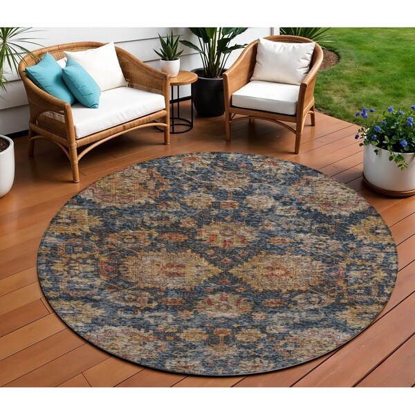 Homeroots 8' Navy Blue Brown And Terra Cotta Round Damask Washable Indoor Outdoor Area Rug 603601 - main