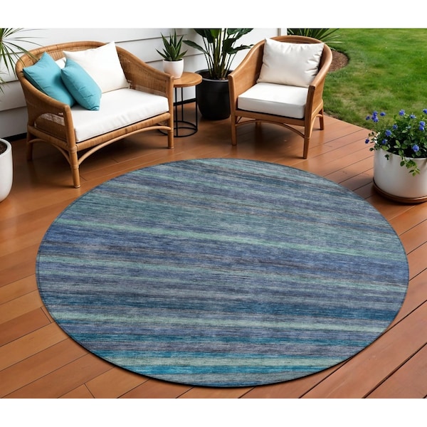 Homeroots 8' Blue And Gray Round Striped Washable Indoor Outdoor Area Rug 615838 - main