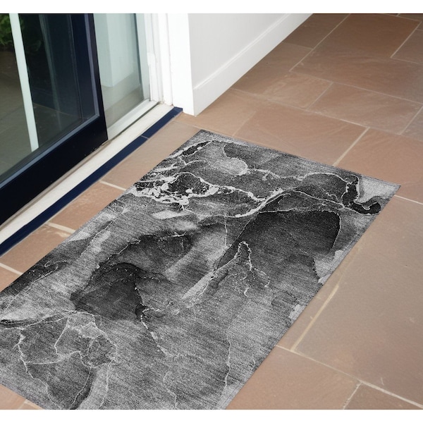 Homeroots 2' X 3' Black Gray and White Abstract Washable Non Skid Indoor Outdoor Area Rug 559442 - main