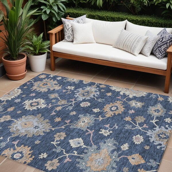 Homeroots 8' X 10' Navy Blue Beige And Gray Floral Washable Indoor Outdoor Area Rug 606167 - main