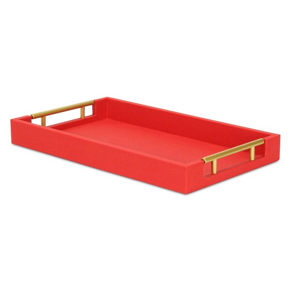 Homeroots 16" Red Wood and Vinyl Faux Shagreen Handmade Serving Tray With Handles 571242 - main