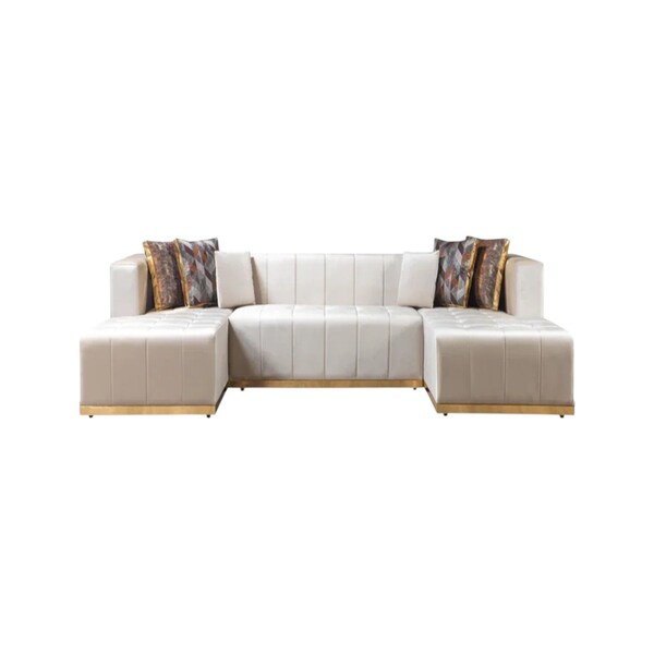 Homeroots Ivory Velvet U Shaped Three Piece Sofa and Chaise Sectional With Toss Pillows 643878 - main