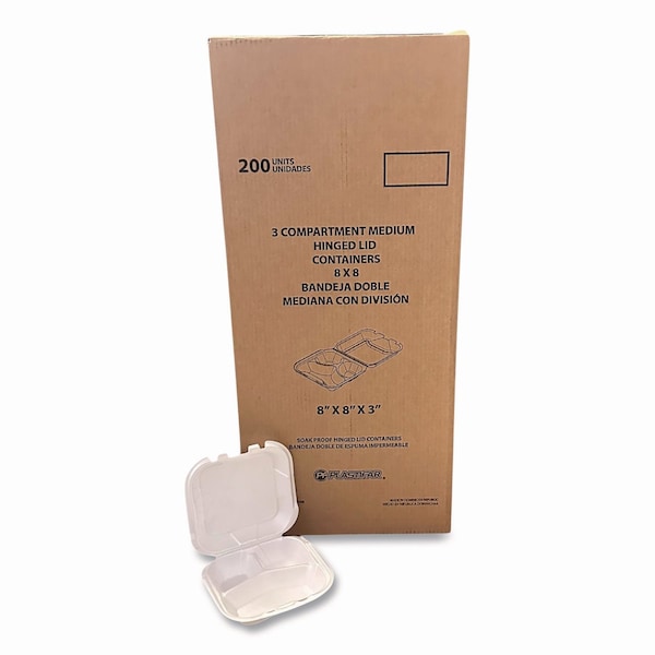 Plastifar Foam Hinged Lid Containers, 3-Compartment, 8.56 x 8 x 2.76, White, Foam, 200PK 10393 - main