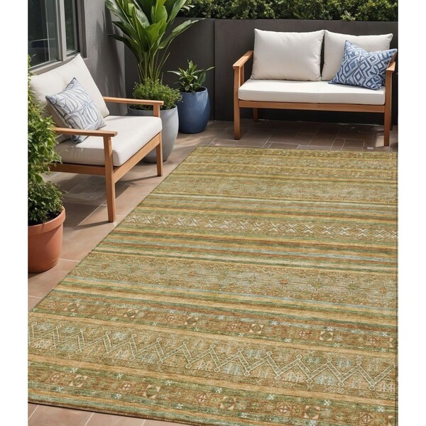 Homeroots 5' X 8' Artichoke Green Gold And Beige Southwestern Washable Indoor Outdoor Area Rug 615945 - main