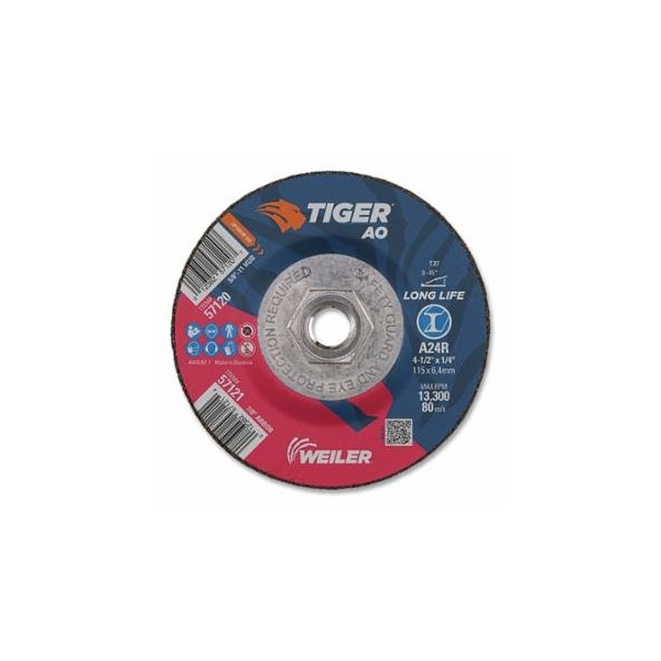 Weiler Tiger AO Grinding Wheel, 4-1/2 in dia x 1/4 in Thick, 5/8 in-11 UNC Arbor, A24R, Type 27, 10PK 804-57120 - main