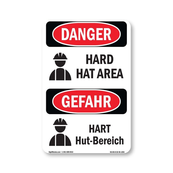 Signmission OSHA Danger Sign, Hard Hat Area Bilingual, 5in X 3.5in Decal, OS-DS-D-35-VG-1292 OS-DS-D-35-VG-1292 - main