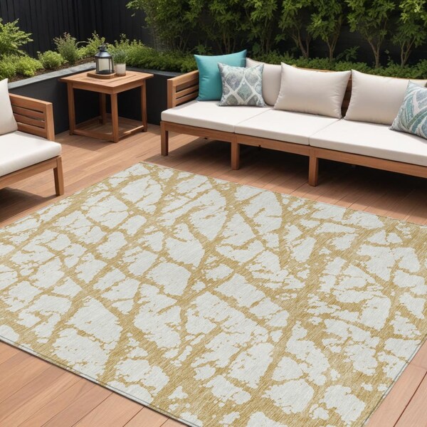 Homeroots 10' X 14' Gold And Ivory Abstract Washable Indoor Outdoor Area Rug 614352 - main