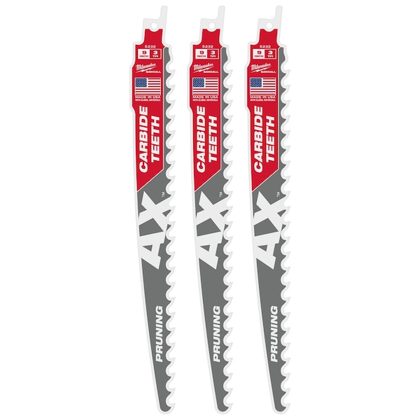 Milwaukee Tool 9 in. 3 TPI SAWZALL THE AX w/ CARBIDE TEETH Reciprocating Saw Blade for Pruning & Clean Wood (3 pk) 48-00-5332 - main