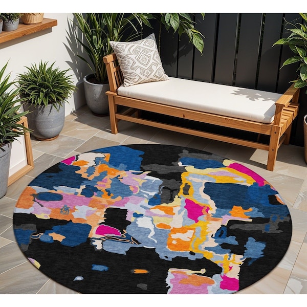 Homeroots 8' Black Blue And Pink Round Abstract Washable Indoor Outdoor Area Rug 599540 - main