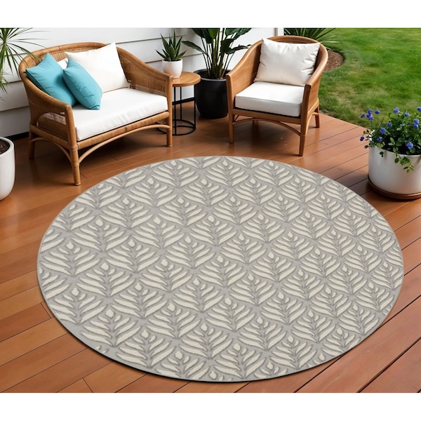 Homeroots 8' Gray Round Floral Indoor Outdoor Area Rug 527649 - main