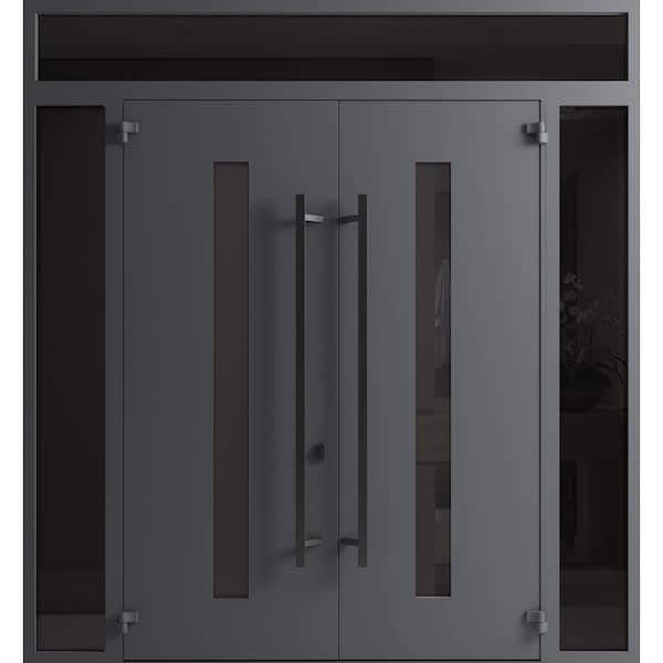 Vdomdoors Front Exterior Prehung Aluminum Double Doors Ronex0130 Grey 2 Sidelights and Top Transom Mirrored RONEX0130DEXD-GRE-W16+72+16xH96+14-LH-O - main