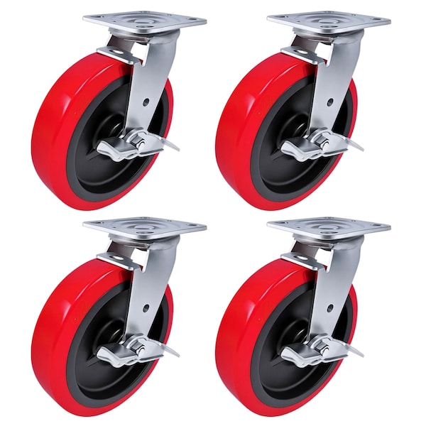 Hyw Products Heavy Duty Caster Set 8in Polyurethane on Plastic Wheels, 4 Swivel with Brake, 4PK 40-80S-A1-PU-TB-4 - main