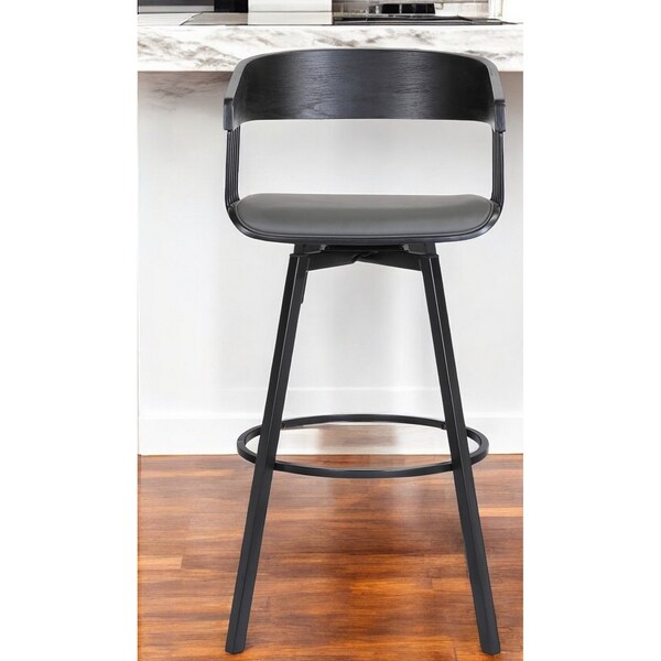 Homeroots 27" Gray and Black Faux Leather with Metal Swivel Counter Height Bar Chair 534452 - main