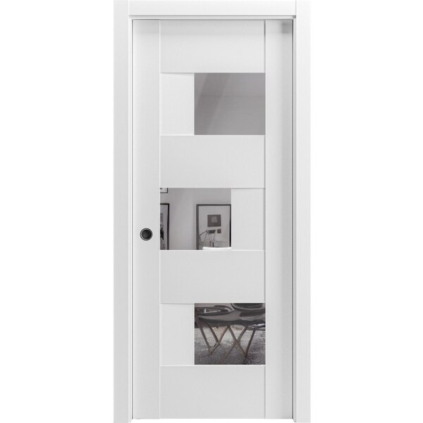 Vdomdoors Sliding Pocket Door 42x96 inches with Opaque Glass Sete 6999 White Silk with Mirror Kit Rail SETE6999PD-WS-4296 - main