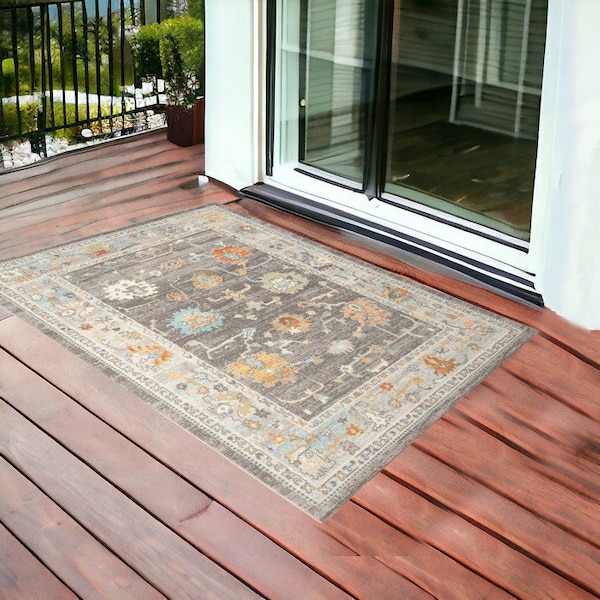 Homeroots 2' X 3' Gray and Orange Floral Stain Resistant Indoor Outdoor Area Rug 531492 - main
