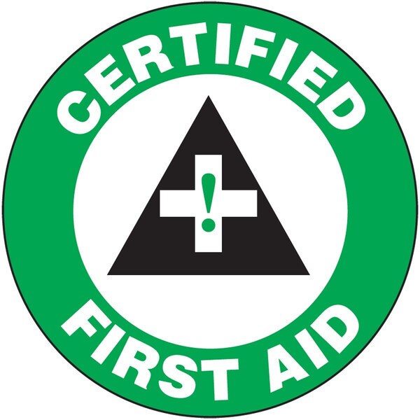 Accuform Hard Hat Sticker, 214 in Length, 214 in Width, CERTIFIED FIRST AID Legend, Adhesive Vinyl LHTL109 - main