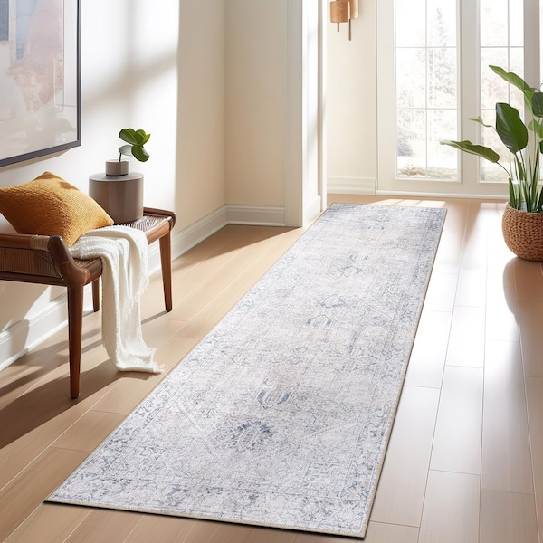 World Rug Gallery Vintage Boho Medallion Machine Washable Non Slip Runner Rug 2 ft 6 in x 10 ft Blue 6025BLUE2X10 - main