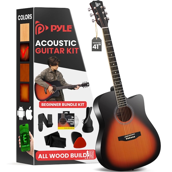 Pyle Steel String Acoustic Guitar Kit, 4/4 Full Size Cutaway All-Wood Guitarra Acustica with Premium PGSTGR007SBD - main
