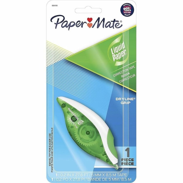 Paper Mate DryLine Grip Correction Tape - 0.20in Tape Width x 27.80 ft Tape Length - Green, White, 6PK 660415K - main