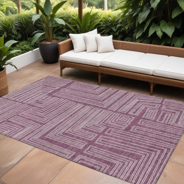 Homeroots 8' X 10' Eggplant And Ivory Geometric Washable Indoor Outdoor Area Rug 600813 - main