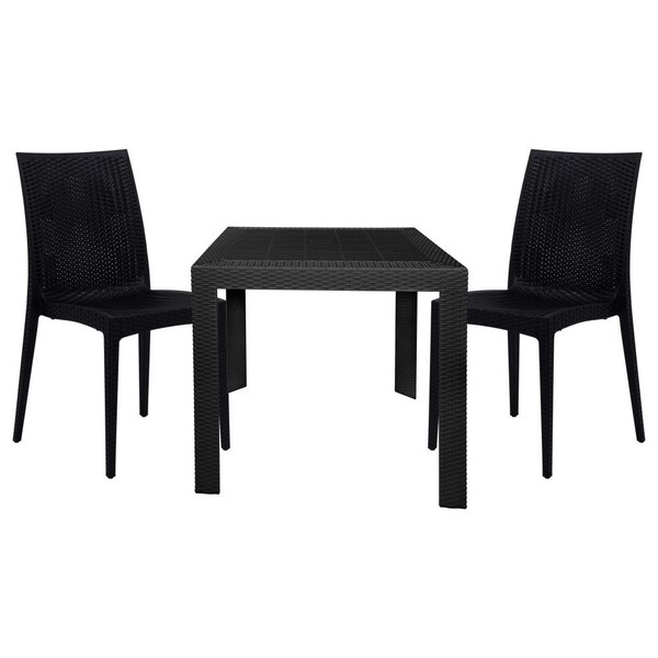 Leisuremod Mace 3-Piece Outdoor Dining Set, Plastic Square Table & 2 Stackable Chairs, Black MT31C19BL2 - main