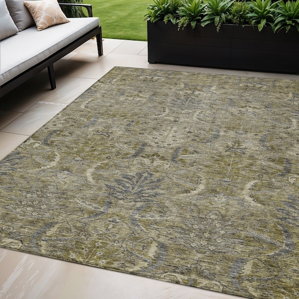 Homeroots 5' X 8' Taupe And Gray Damask Washable Indoor Outdoor Area Rug 603336 - main