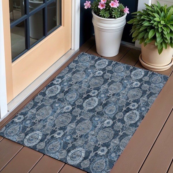 Homeroots 3' X 5' Navy Blue And Denim Blue Damask Washable Indoor Outdoor Area Rug 588184 - main