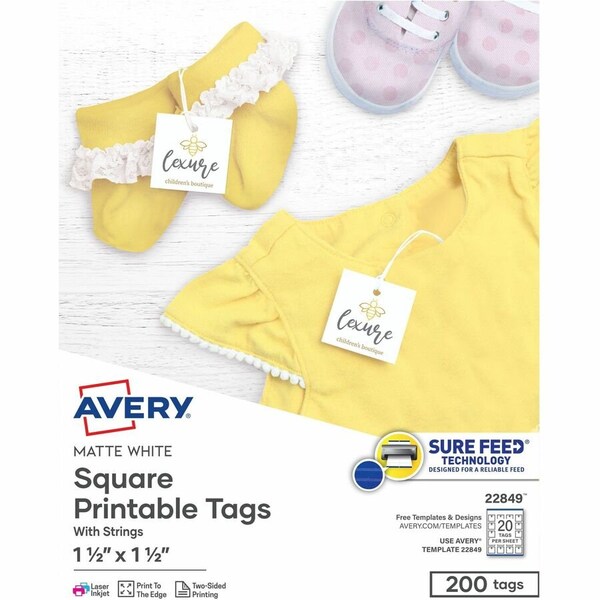 Avery Printable Tags with Strings, 1-1/2 in W, White, Square, 200 PK 22849 - main