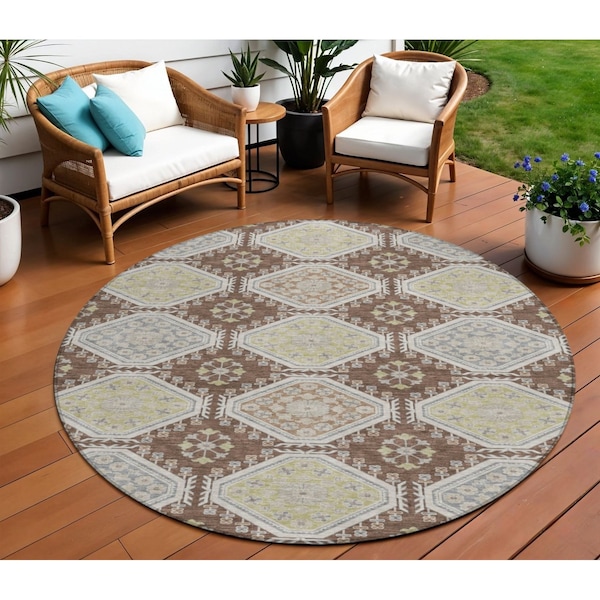 Homeroots 8' Chocolate And Beige Round Floral Washable Indoor Outdoor Area Rug 610747 - main