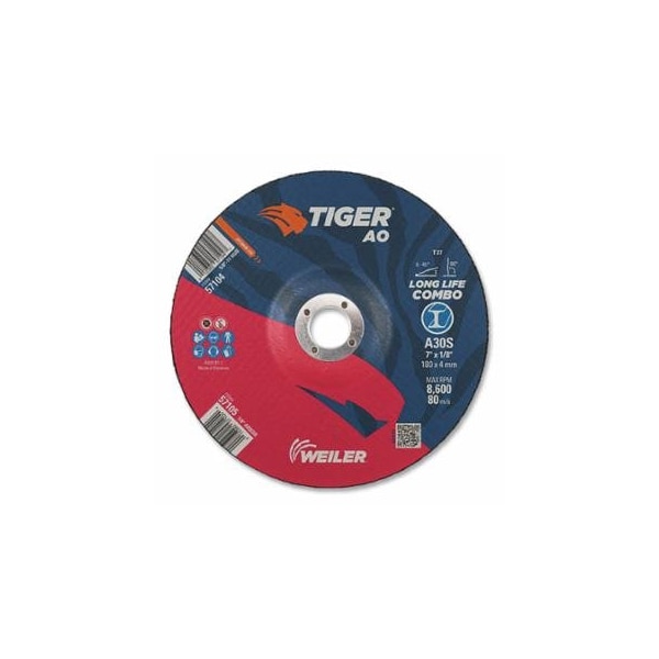 Weiler Tiger AO Type 27 Cut/Grind Combo Wheel, 7 in dia, 1/8 in thick, 7/8 in dia arbor, Grit 30, 25PK 804-57105 - main