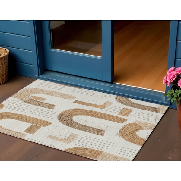 Homeroots 3' X 5' Ivory Khaki And Beige Geometric Washable Indoor Outdoor Area Rug 618100 - main