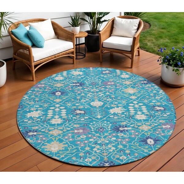 Homeroots 8' Teal Blue Purple And Ivory Round Oriental Washable Indoor Outdoor Area Rug 598078 - main