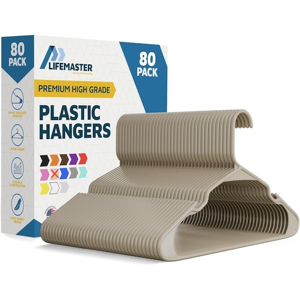 Lifemaster Heavy Duty Plastic Clothes Hangers, Non-Slip, Space-Saving, Holds 5 lbs, Ivory, 80PK LMPLCIVO80 - main