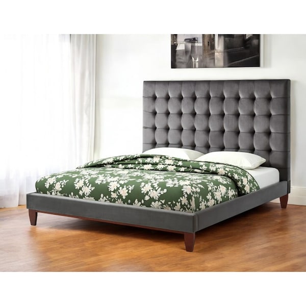 Homeroots Gray Solid Wood Queen Tufted Upholstered Velvet Bed 544754 - main