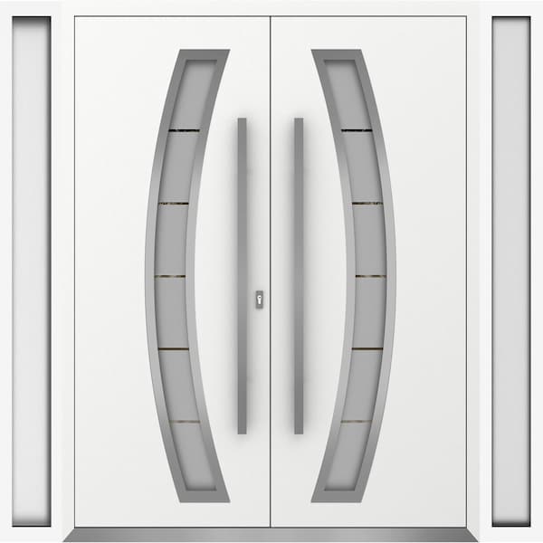 Vdomdoors Metal Double Doors Deux 6500 White Enamel Frosted Glass 2 Sidelights Entry Modern Painted 96x80 (W1 DEUX6500DEXD-BEM-W12+72+12xH80-RH-O - main