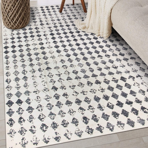 World Rug Gallery Geometric Distressed Abstract Washable Non Slip Area Rug 3 ft x 5 ft Ivory WR69IVORY3X5 - main