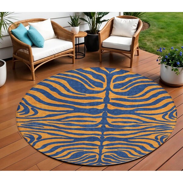 Homeroots 8' Navy Blue And Pink Round Animal Print Washable Indoor Outdoor Area Rug 600680 - main
