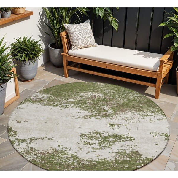 Homeroots 8' Olive Green Gray And Ivory Round Abstract Washable Indoor Outdoor Area Rug 599516 - main