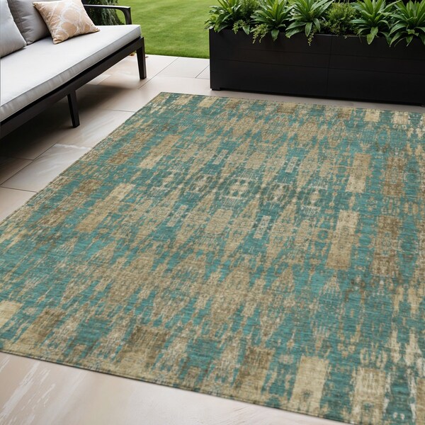 Homeroots 5' X 8' Teal Blue Taupe And Beige Moroccan Washable Indoor Outdoor Area Rug 577218 - main